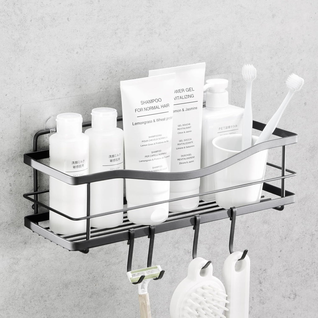 KINCMAX Premium Self-Adhesive Shower Caddy - Large Capacity Stainless Steel Shelf with 4 Hooks - Elegant Bathroom Wall Organizer in Matte Black