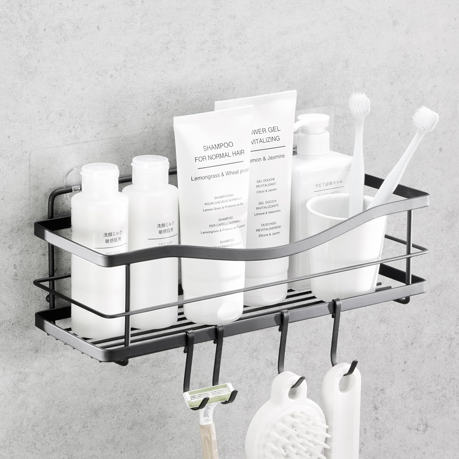 KINCMAX Premium Self-Adhesive Shower Caddy - Large Capacity Stainless Steel Shelf with 4 Hooks - Elegant Bathroom Wall Organizer in Matte Black