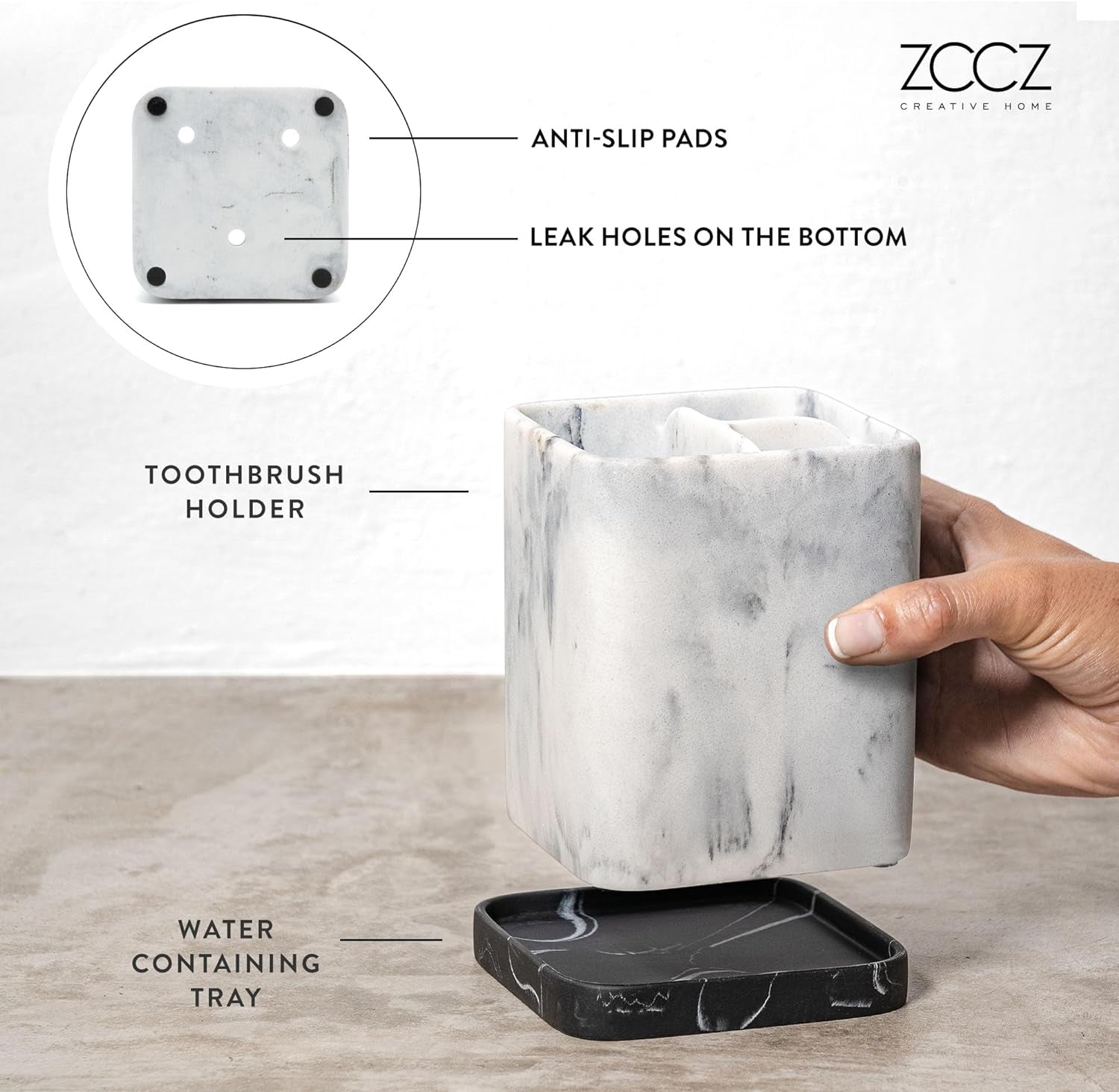 Zccz Marble Finish Electric Toothbrush and Makeup Brush Organizer with Detachable Tray for Bathroom Countertop