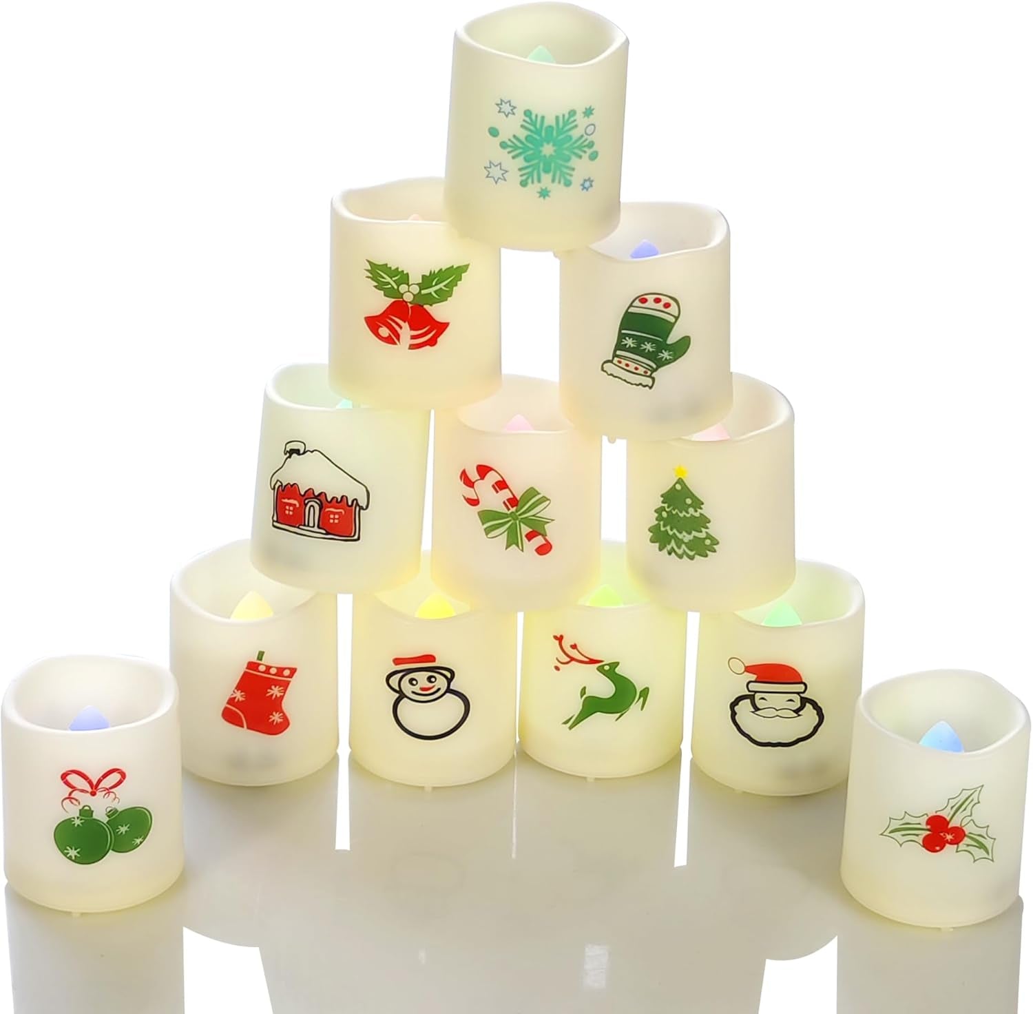 CANDLE CHOICE Christmas Color-Changing Battery-Operated Flameless Votive Candles - Realistic LED Votives with Holiday-Themed Decals for Christmas Party Decorations, 12 Pack with Batteries Included