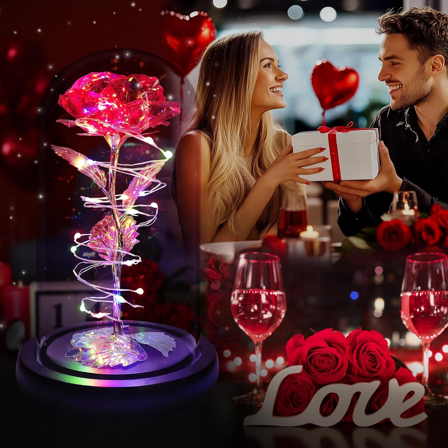 Mothers Day Mom Gifts for Mom,Birthday Gifts for Women Grandma,Flowers for Delivery Prime,Colorful Red Light up Rose in a Glass Dome,Anniversary Valentines Roses Gift for Her Wife Daughter