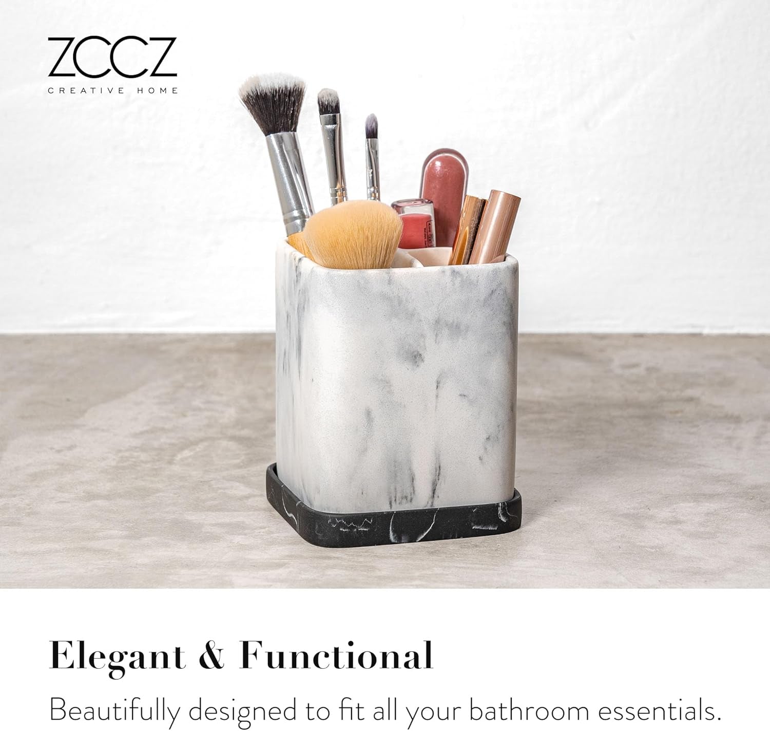Zccz Marble Finish Electric Toothbrush and Makeup Brush Organizer with Detachable Tray for Bathroom Countertop