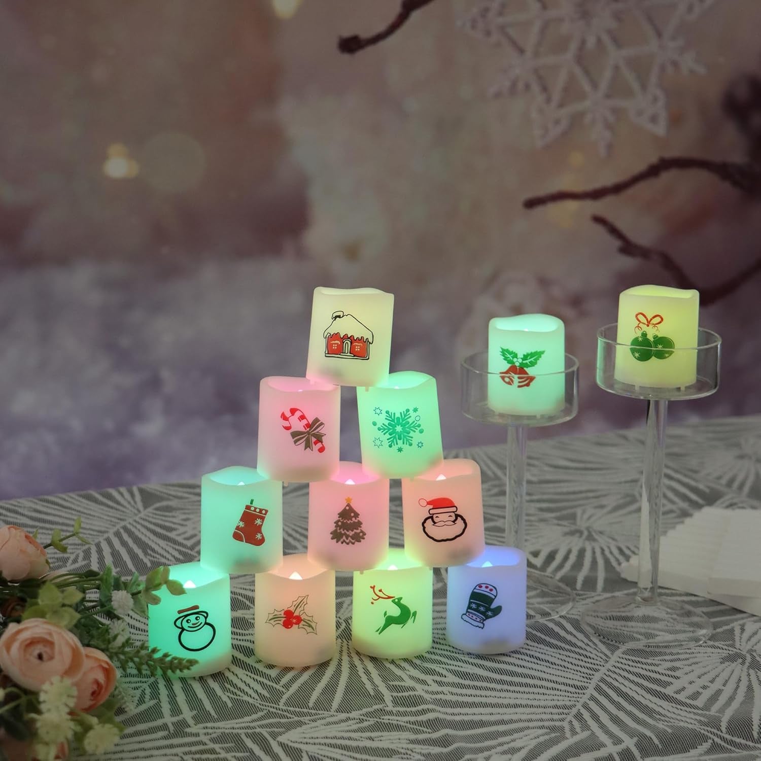 CANDLE CHOICE Christmas Color-Changing Battery-Operated Flameless Votive Candles - Realistic LED Votives with Holiday-Themed Decals for Christmas Party Decorations, 12 Pack with Batteries Included