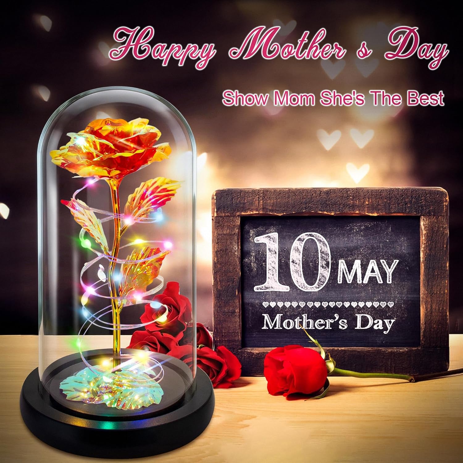 Mothers Day Mom Gifts for Mom,Birthday Gifts for Women Grandma,Flowers for Delivery Prime,Colorful Red Light up Rose in a Glass Dome,Anniversary Valentines Roses Gift for Her Wife Daughter