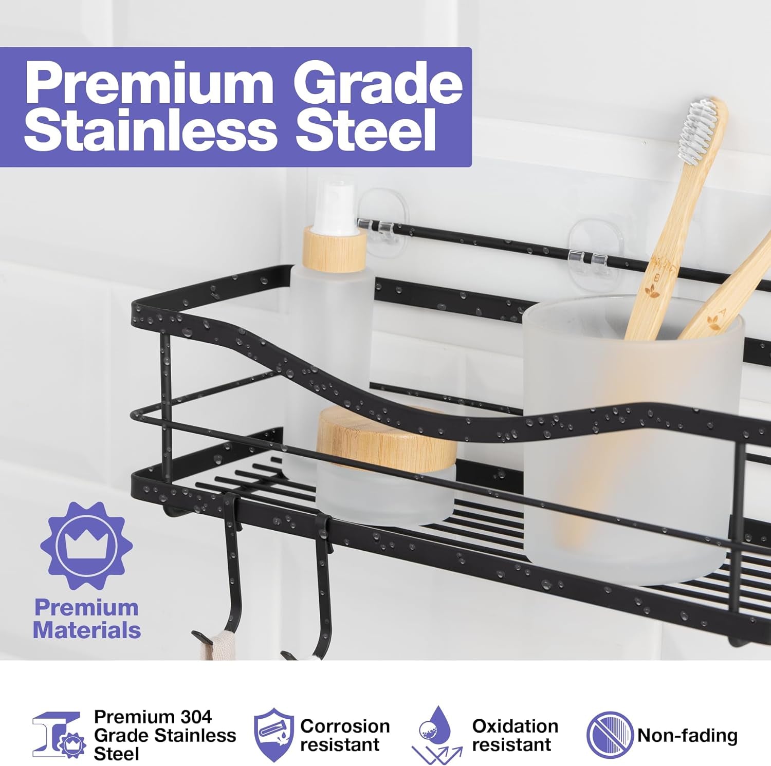 KINCMAX Premium Self-Adhesive Shower Caddy - Large Capacity Stainless Steel Shelf with 4 Hooks - Elegant Bathroom Wall Organizer in Matte Black