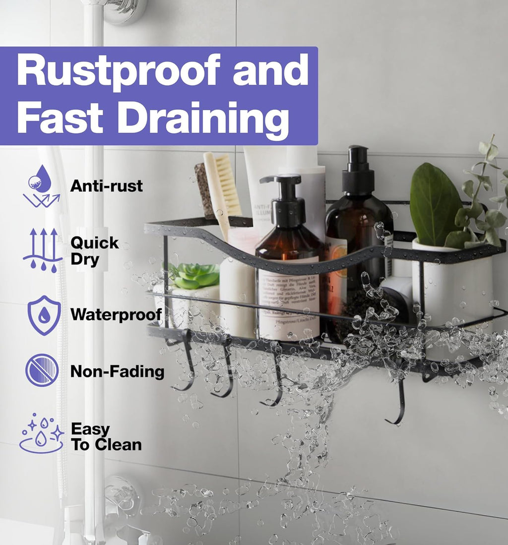 KINCMAX Premium Self-Adhesive Shower Caddy - Large Capacity Stainless Steel Shelf with 4 Hooks - Elegant Bathroom Wall Organizer in Matte Black