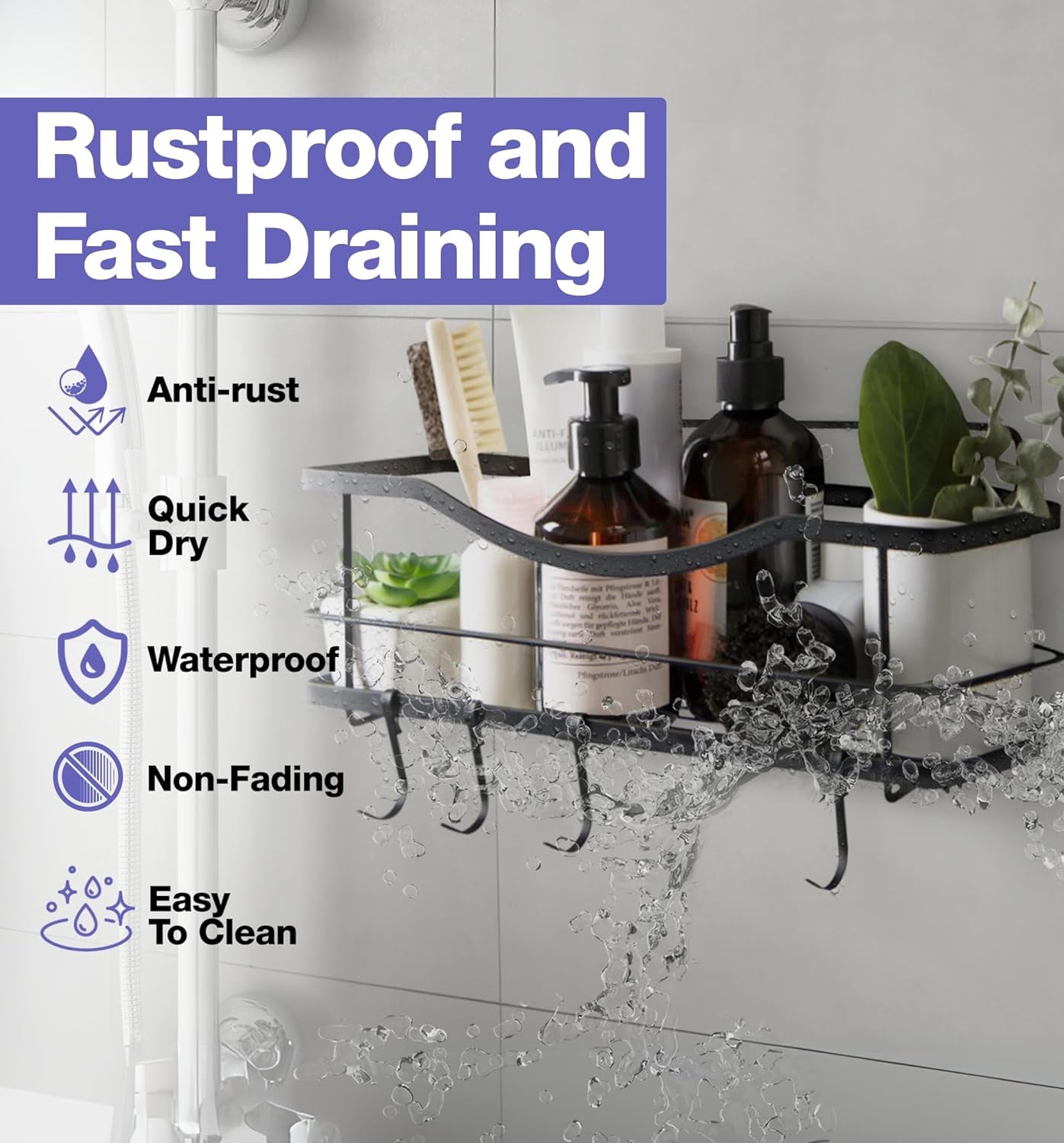KINCMAX Premium Self-Adhesive Shower Caddy - Large Capacity Stainless Steel Shelf with 4 Hooks - Elegant Bathroom Wall Organizer in Matte Black