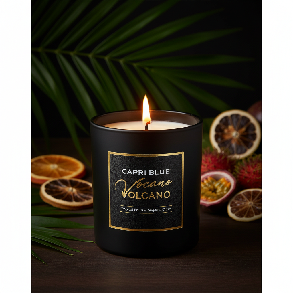 Capri Blue Volcano Scented, Glass Jar Candles for Home with Tropical Fruit & Sugared Citrus, Soy Wax Blend, Black Color (8 Oz)