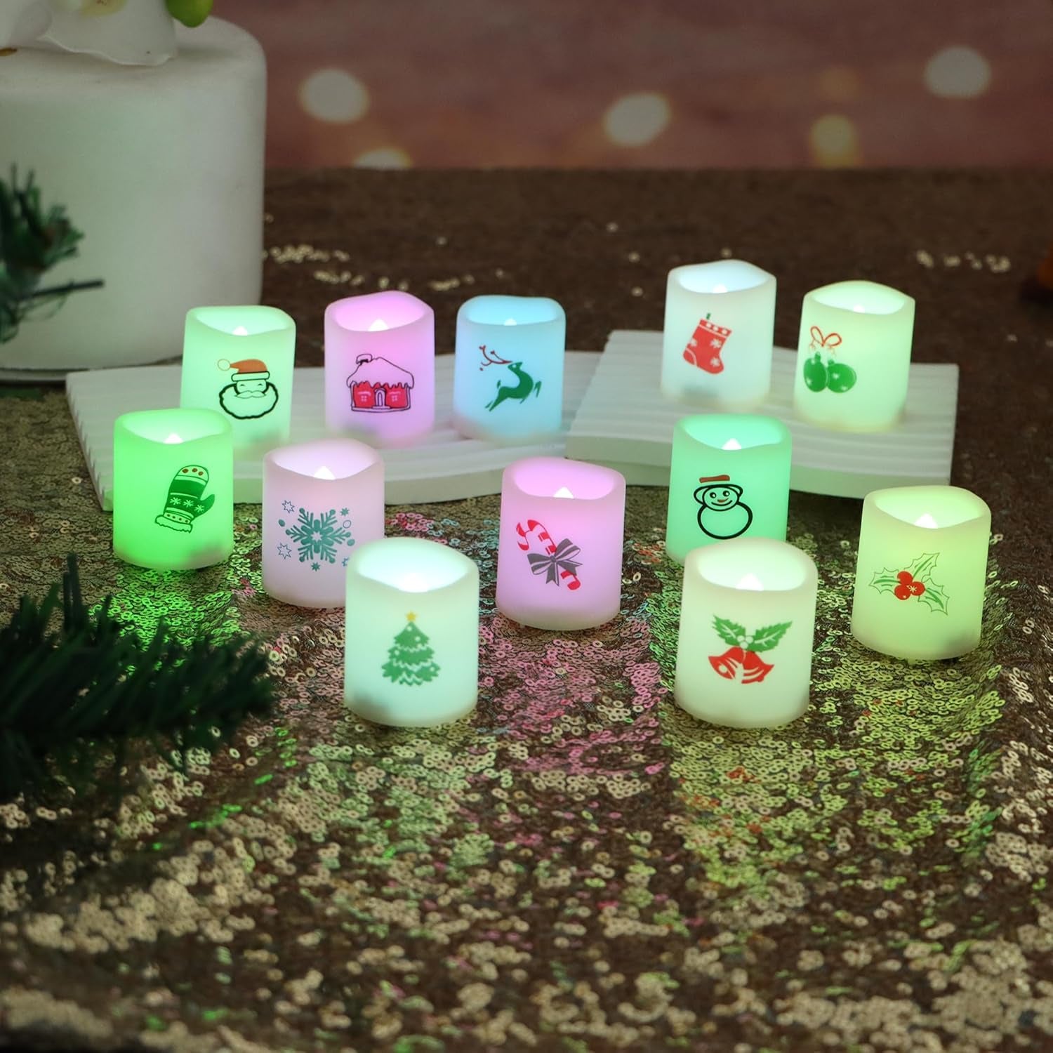 CANDLE CHOICE Christmas Color-Changing Battery-Operated Flameless Votive Candles - Realistic LED Votives with Holiday-Themed Decals for Christmas Party Decorations, 12 Pack with Batteries Included