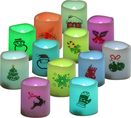 CANDLE CHOICE Christmas Color-Changing Battery-Operated Flameless Votive Candles - Realistic LED Votives with Holiday-Themed Decals for Christmas Party Decorations, 12 Pack with Batteries Included