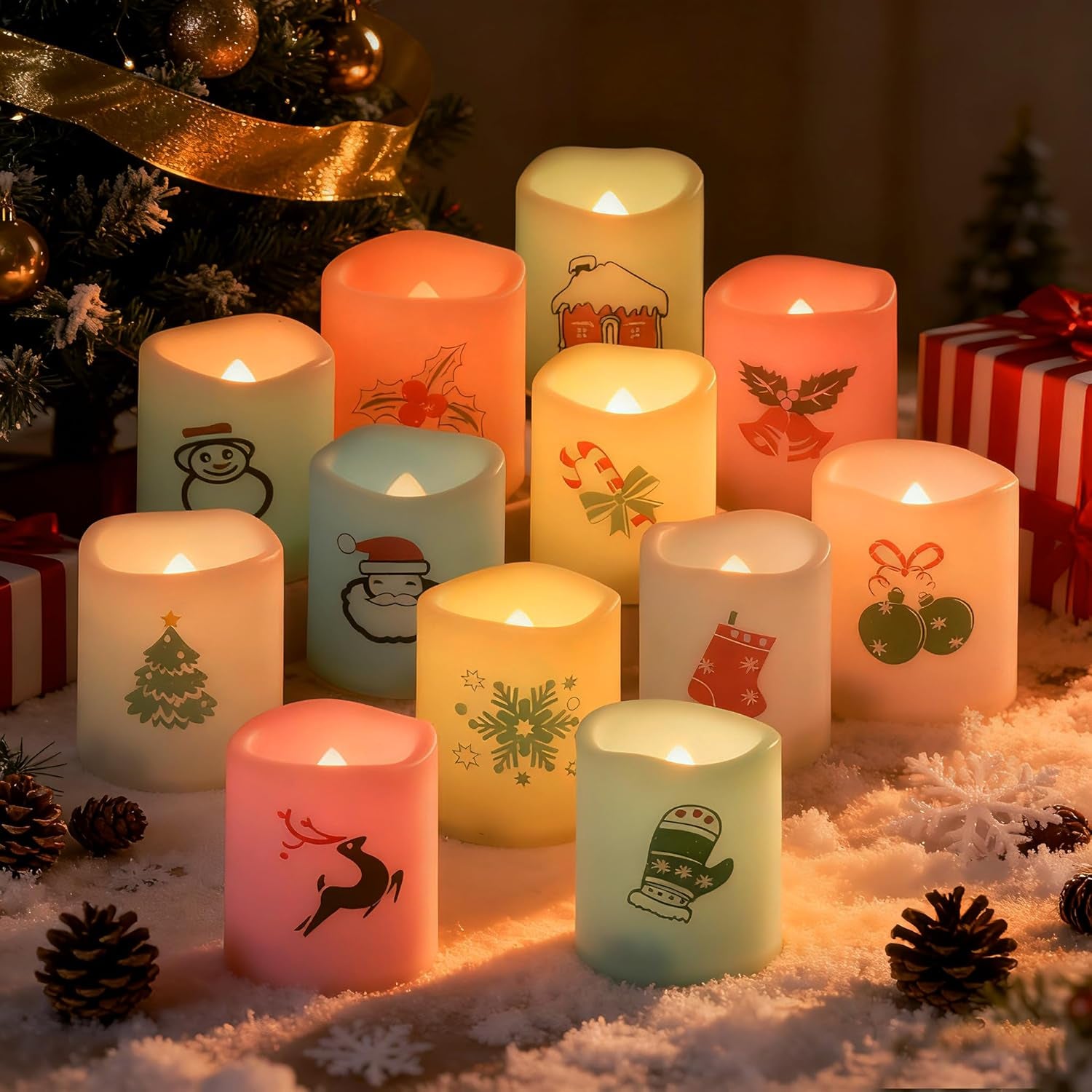 CANDLE CHOICE Christmas Color-Changing Battery-Operated Flameless Votive Candles - Realistic LED Votives with Holiday-Themed Decals for Christmas Party Decorations, 12 Pack with Batteries Included