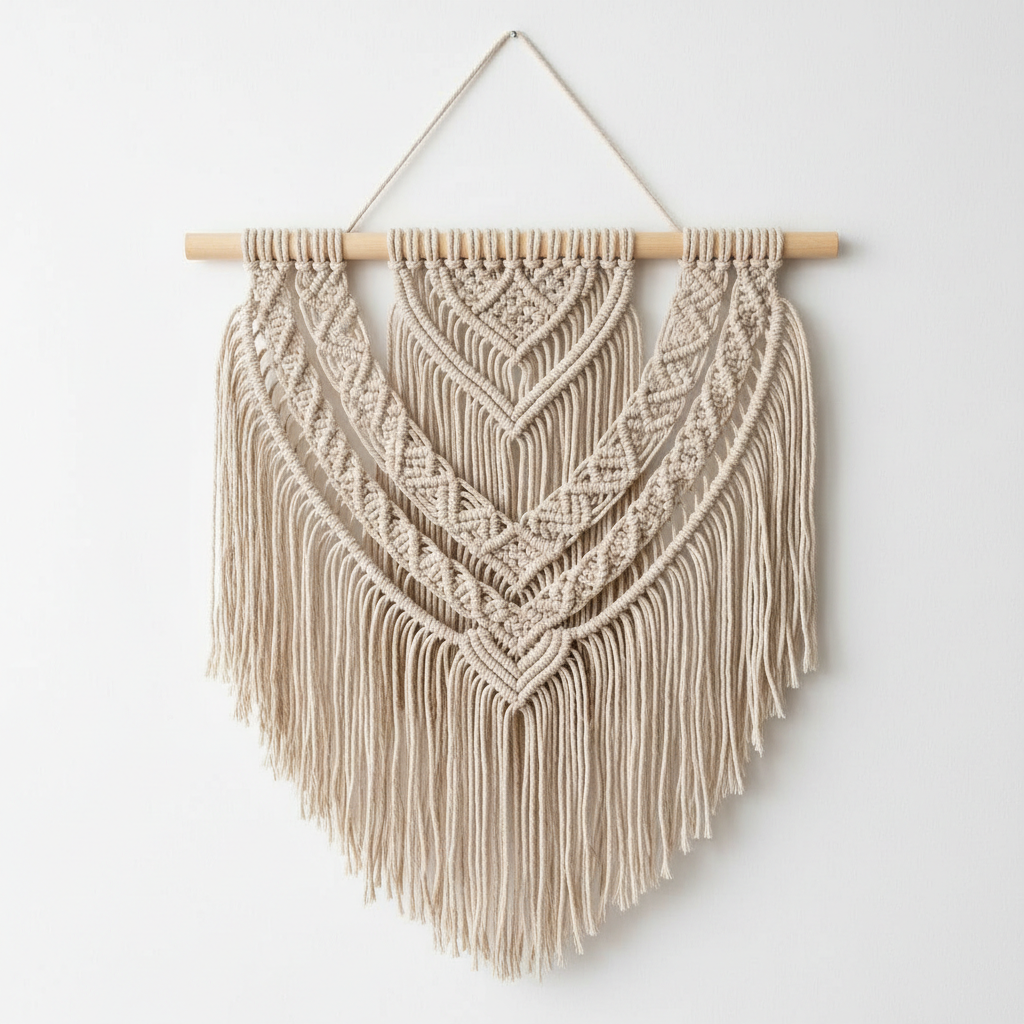 Handcrafted boho macrame wall hanging in neutral beige cotton rope