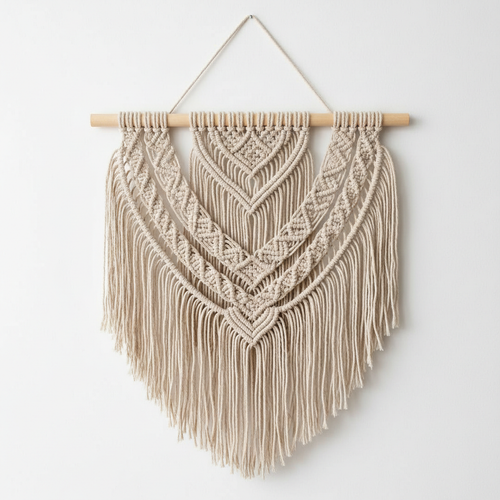 Handcrafted boho macrame wall hanging in neutral beige cotton rope