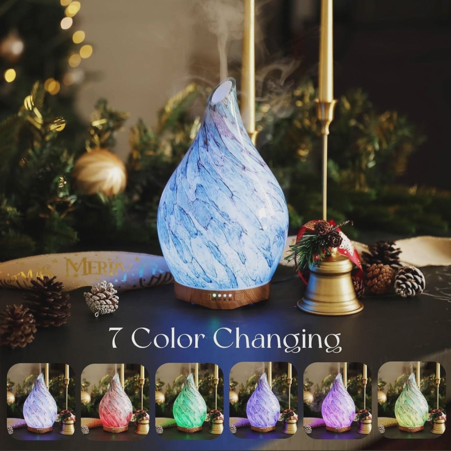 280Ml Essential Oil Diffuser Glass Color Changing Aroma Air Diffusers Aromatherapy Ultrasonic Cool Mist Humidifier with Remote Control 7 Running Hours Waterless Auto-Off (Light Blue)